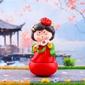 Red traditional Chinese lady figurine with round fan and floral headpiece decoration - Tang Dynasty Maiden with Fan Medium