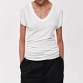 White V-neck t-shirt in tencel wool blend with draped design and ruffle sleeve details - S / White