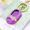 Purple high heel shoe keychain with sparkling crystal bow and gold-tone metal ring - Purple Bow Shoes