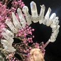 Detail of wicca crystal crown with natural quartz stones and hollow moon ornament - Aura White + White K Moon