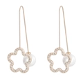 Rose gold flower earrings with sparkling rhinestones and elegant white pearls on white background - Clover Flower Style (KE83381-K)
