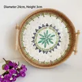 Handwoven rattan tray with 24cm green shell mosaic inlay for home storage and decor - Boho / Medium 24x3cm