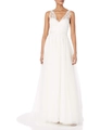 Elegant V-neck white lace wedding dress with tulle A-line skirt and floral embroidery - US 2 / White