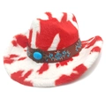 Detail of red cow print cowboy hat featuring blue turquoise inlay and floral embroidery - M (56-58cm) / Straight Top / Red