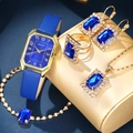 Luxury blue leather square quartz watch and matching jewelry set with blue gemstones - Blue Square Rhinestone 5-Piece Jewelry Set
