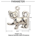 Macro view of a 14x17mm silver stainless steel cat pendant with sparkling rhinestones - Silver Cat