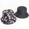 Detail of a camouflage and solid black reversible bucket hat with durable stitched brim - M (56-58cm) / Grey Purple