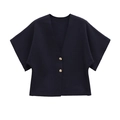 Details von marineblauer Strickjacke mit Kurzarm, V-Ausschnitt und Goldknöpfen - S / Marineblau