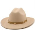Classic beige wool fedora hat with wide brim and studded leather band for men and women - M (56-58cm) / 06 Beige