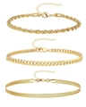 Three-piece gold-toned layered anklet set featuring cuban, snake, and twist chain styles - Gold Set - Twist/Cuban/Snake Chain