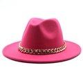 Detailed close-up of rose red wool fedora hat featuring a chunky gold metal chain link - Rose Red