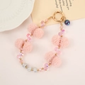 Pink plush ball beaded phone wrist strap with faceted crystals and golden ring clasp - Pink Crystal Style (K3806)