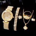 Luxury gold women watch set with crystal-encrusted bracelet, necklace, ring and earrings - Arabic Numerals Dial 5-Piece Set / Gold
