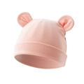 Detail showing the pink knit cotton baby hat with cute soft round Mickey ears decor - Shrimp Pink (Large Ear)