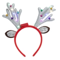 LED Weihnachts-Rentiergeweih-Haarreif mit bunten Pailletten und kleinen Metallglocken - Rentier Geweih Stirnband Mittel Silber / Silber