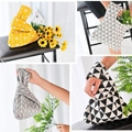 Japanese style knot wrist bag in cotton linen with various geometric floral patterns - Yellow Geometric
