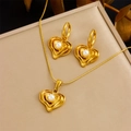 Gold plated heart jewelry set with necklace and earrings featuring white pearls - Heart Pearl Jewelry Set (N3185 E6203)