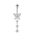 Silver stainless steel belly button ring with zircon butterfly and hanging round crystals - Silver Butterfly