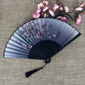 Classic Chinese folding fan with pink plum blossoms, butterflies and black tassel - No.40 Dark Grey Purple Cherry Butterfly