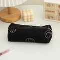 Black corduroy pencil case with white smiley patterns and metallic zipper closure - Black Smiley Face