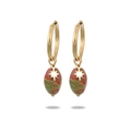 Close-up of gold-plated hoop earrings with star-embossed oval natural stone pendants - Gold - Red Green Natural Stone (NMSE-D242-5)