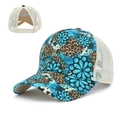 Pferdeschwanz-Cap mit blauem Leoparden- und Blumenmuster und beige-farbenem Mesh-Netzgewebe - Blau Braun Leopard Petrol Blumen (4#)
