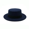 Navy blue flat top boater hat with black ribbon decoration for autumn and winter - 57cm / Navy Blue Ribbon