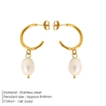 Baroque freshwater pearl drop earrings in gold stainless steel finish for women - Gold