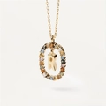 Gold letter R necklace pendant with colorful zircon stones in an oval frame - Gold R