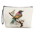 White linen makeup bag with colorful bird print, black zipper, and wristlet strap - Bird on Branch Style (Style 1)