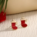 Festive red and gold Christmas stocking stud earrings with glossy oil drip finish - Colorblock Christmas Sock (EAR0033)