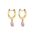 Macro view of 18K gold-plated hinged earrings with pear-cut pink zircon stone pendants - Gold Hoop Pink Teardrop Pendant (JHQ0009-GG-6)