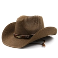 Chapeau de paille cowboy marron avec pendentif plume et mentonnière réglable pour soleil - M(56-58cm) / café