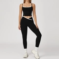 Ensemble de yoga noir deux pièces avec haut licou contrasté blanc et leggings - S / Haut et Bas (5009/9253) / Ensemble Pantalon / Noir Premium
