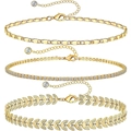 Detailed set of three gold-tone anklets featuring curb chain and leaf designs - Gold Tennis Leaf Chain Combination