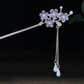 Chinesische Haarnadel mit lila Blumen, weißen Perlen und silbernen Quasten - Silber Lila Fünf-Blatt-Blume Perle Doppel Quaste Stil (0505)