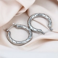 Silver round titanium steel hoop earrings with woven texture on pink silk fabric - Leaf Pattern Type 2 / Silver