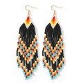 Colorful Bohemian beaded tassel earrings with geometric tribal patterns and golden hooks - Black Geometric Tassel Style (MG-E220043A) / Black