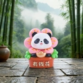 Cute panda figurine with pink flower holding gold ingot on Rich Flower pot - Money Flower Panda Ornament (1081-12)