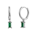 Silver hoop earrings with a rectangular emerald green zircon pendant for women - Silver + Green Zirconia
