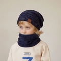 Navy blue knitted winter set for kids including a warm beanie hat and matching neck warmer - 2-Piece Set (Hat + Scarf) / Navy Blue
