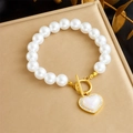 French vintage pearl bracelet with gold OT buckle and sparkling heart shell pendant - Heart Pearl Bracelet (B1401)