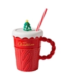 Red Christmas ceramic mug with Merry Christmas text, sweater texture, and tree lid - Christmas Tree Lid / Red