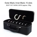 Black PU leather 15-slot bracelet storage case with handle and velvet interior - 15 Slots / Black