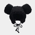 Cappello di peluche nero con orecchie da orso e lacci intrecciati per calore invernale - Nero