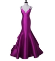 Elegant fuchsia satin mermaid evening gown with a deep V-neck and spaghetti straps - US size 2 (S) / Purple