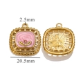 Pink enamel square pendant with gold floral pattern and polished metal back - Hollow Flower Pendant / Pink