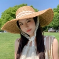Straw sun hat in natural brown with white lace ribbon tie and large brim detail - Diamond Lace Khaki