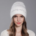 White sequined rabbit fur beanie with sparkling stripes and warm ribbed knit texture - White
