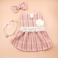 Detailed set featuring pink tweed dog dress with camellia flower and pearl necklace - Pink Tweed Dress + Necklace + Headflower